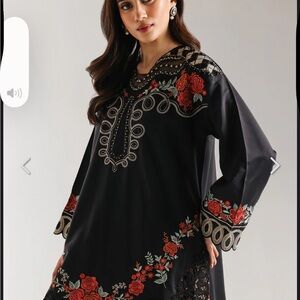 Ethnc Pakistani black  Embroidered Floral Longline shalwar kameez